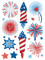 Obraz premium Hand drawn patriotic sparkler fireworks collection in red white and blue perfect for Independence Day posters, decorations, and festive designs