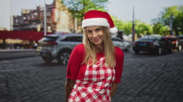 Woman in red checked apron and santa hat smiles with hands behind back on cobblestone street near cars and buildings; holiday joy.
