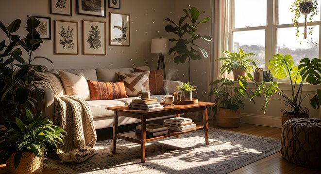 Living room interior with sofa plants coffee table and decor in cozy home
