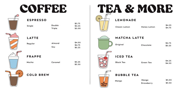 Comprehensive coffee and tea beverages menu vector illustration with prices and various options cold brew matcha latte iced tea bubble tea food service beverages illustration espresso