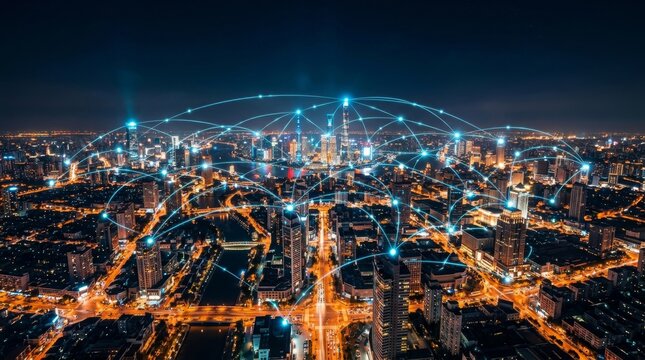 Smart city and telecommunication network concept. abstract mixed media. Smart City at Night with Digital Network Connection Lines