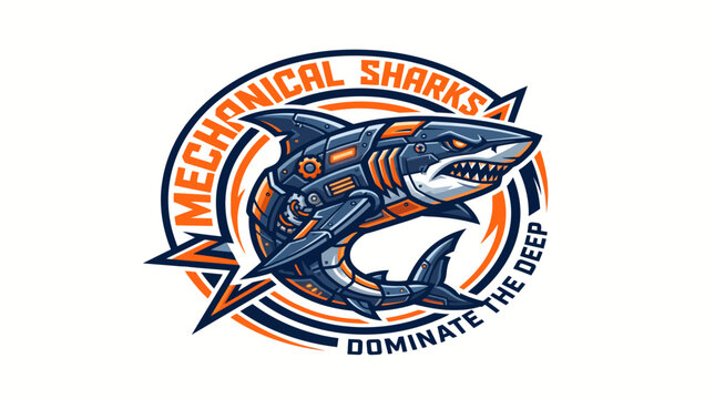 Mechanical shark robot logo dominate the deep ocean