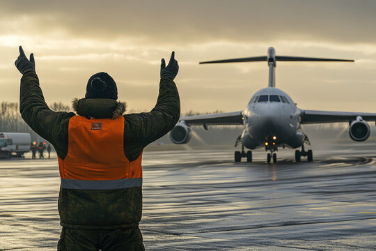 Ground crew marshaller guiding a cargo airplane on the tarmac