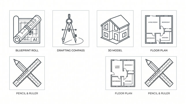 Architectural planning icons set, blueprint tools and house designs