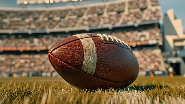 American Football on Stadium Field Grass Close Up