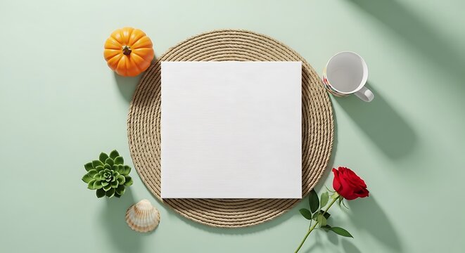 Mockup Logo Mockup Flat lay of a blank canvas with a pumpkin, rose, and cup flat lay, blank canvas, mock-up