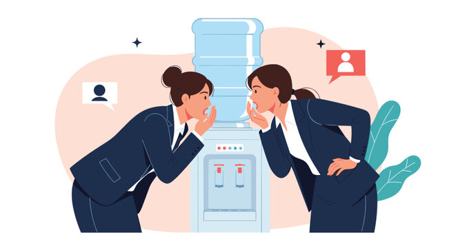 Two professional women in suits whispering and sharing gossip next to a water cooler in a corporate office setting.
