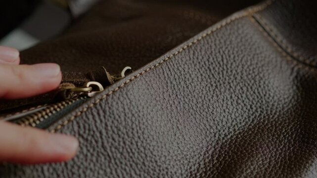Close-up view of hand gently touching textured leather surface of duffel bag