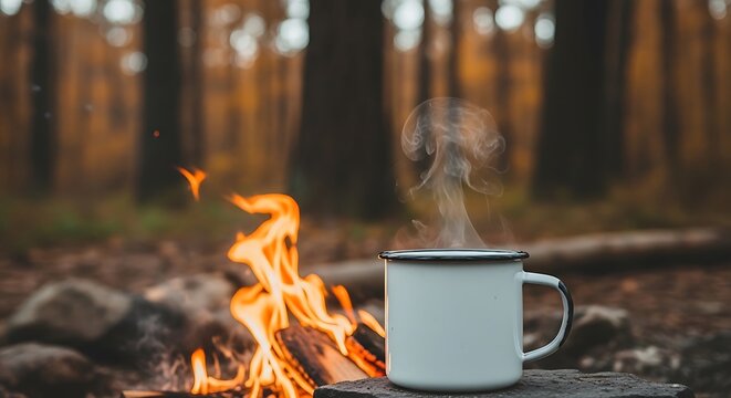 Mockup Logo Mockup Hot Drink In Enamel Mug Next To Campfire In Forest 