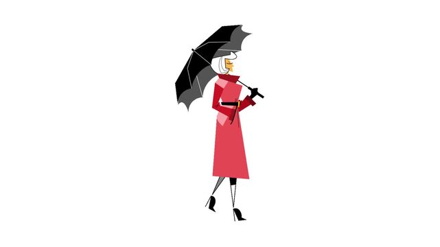 Elegant woman walking with black umbrella on rainy day in stylish red coat
