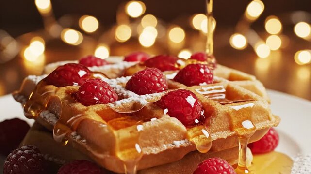 Syrup pouring over fresh waffles with raspberries and bokeh lights