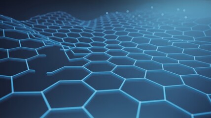 Obraz premium A futuristic digital illustration of glowing blue hexagons forming a grid on a dark background with technology and science elements