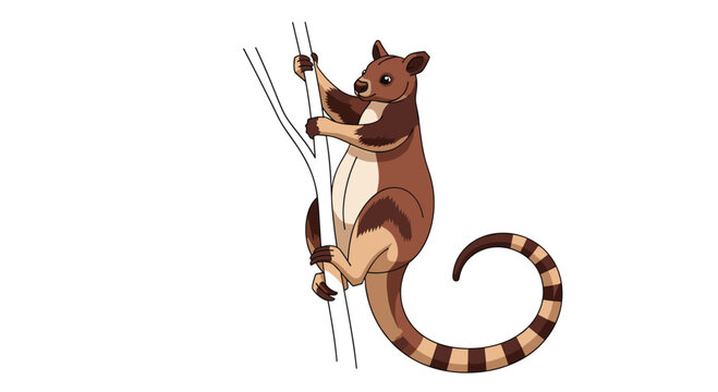 Charming tree kangaroo clinging to a branch, showcasing its unique arboreal adaptations and striped tail, illustrated on white.
