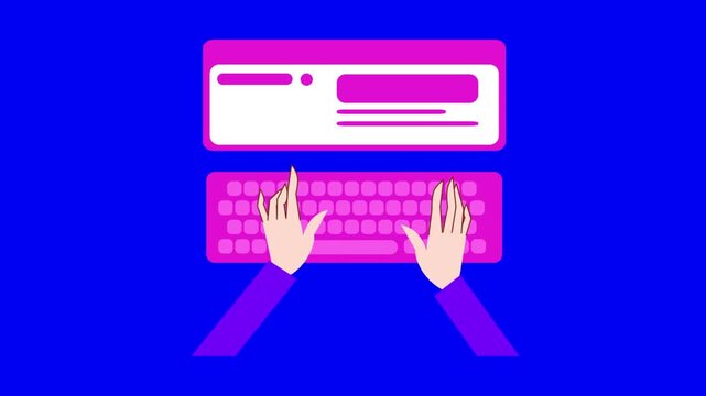 Hands typing on pink keyboard with blank browser window