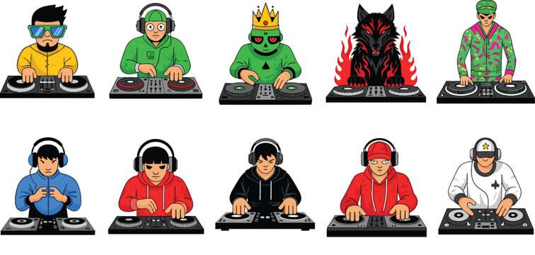 DJ Music Producer Cartoon Character Set Featuring DJs Mixing on Turntables Headphones Electronic Dance Party and Nightclub Performance Colorful Vector Collection