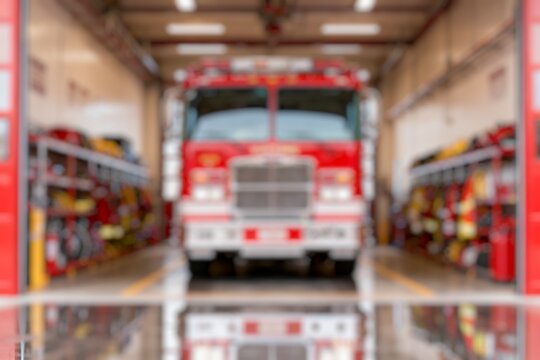 Blurred Fire truck parked inside a modern fire station garage, surrounded by equipment and ready for emergency response.