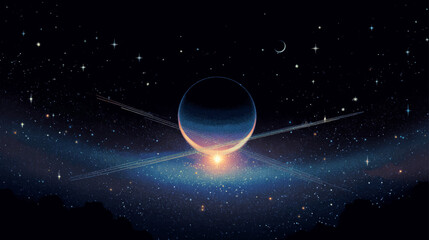Fototapeta premium Minimal blue cosmic space illustration with glowing central star and orbit lines in modern textured sci fi poster style