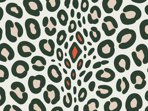 Abstract leopard print pattern with red diamond accents cream background, animal