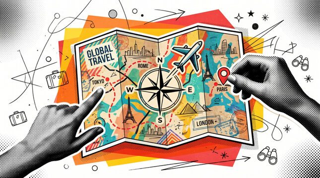 Trendy Halftone Collage Global Travel Map with Airplane and Landmarks. Hands planning trip with pin and pointing to destinations. Vacation flight. Contemporary vector illustration art.