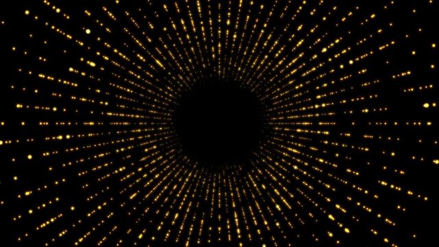 golden tunnel with glowing particles on a black background, moving toward the camera