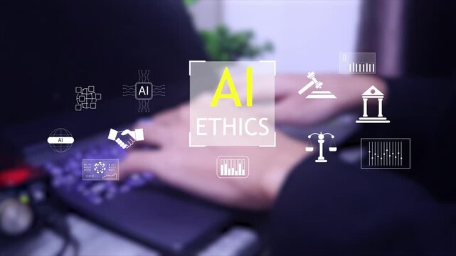 AI Ethics with legal and social icons. Concept of responsible artificial intelligence, digital moral standards, governance, and technology regulations in business.