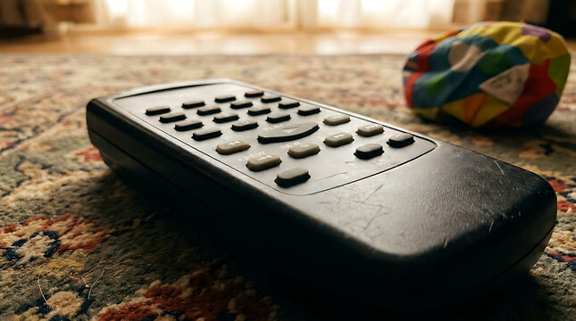 Close-up of a vintage VCR remote control with numerous buttons on a textured surface