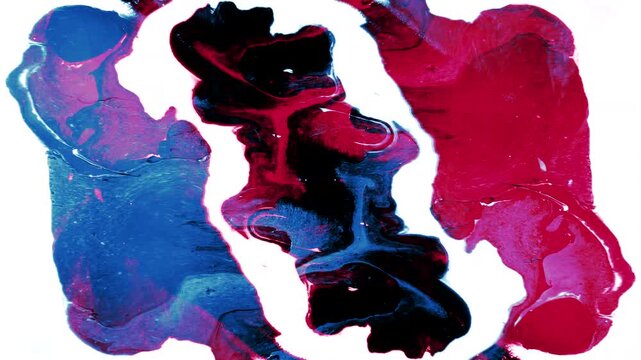 Vibrant Red and Blue Cosmic Fluid Paint Burst Expanding on White Background 4K