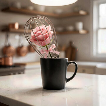 A pink rose adorned with a pink bow rests inside a wire whisk, which is placed in a black mug on a white kitchen countertop, with a blurred kitchen background