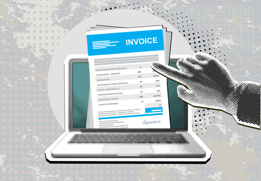 Trendy Halftone Collage Online digital invoice on screen laptop with bills. Template for banner, poster, social media and ads. Vector illustration. Contemporary art. Vector