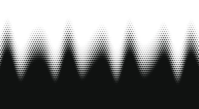 Abstract black and white halftone zigzag background. Jagged pixel peaks, sharp fading gradient waves, heartbeat soundwave line. For minimal optical illusion poster. Vector graphic art.