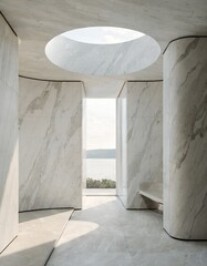 Obraz na płótnie Canvas Luxurious minimalist stone interior with curved marble walls a circular skylight oculus and scenic sea view through a tall glass doorway