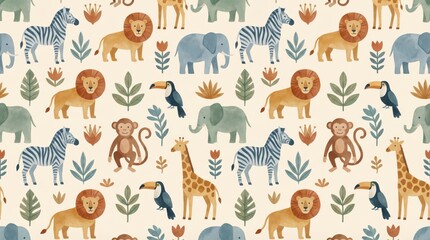 Fototapeta premium Seamless pattern of colorful illustration of various African animals. The repeated motifs include elephants, giraffes, lions, zebras, toucans, monkeys and leaves
