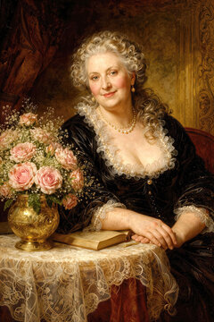 A full-figured woman in a low-cut dress and pearls poses beside a bouquet of pink roses, embodying the beauty of the Rubenesque style