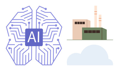 Fototapeta premium Artificial intelligence, automation, industrial processes, cloud computing, smart manufacturing, technology advancement. AI circuit resembling a brain, a factory and a cloud. Artificial intelligence