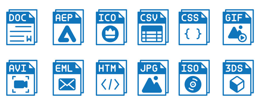 3D file format icons set on blue background for digital technology and data storage concept