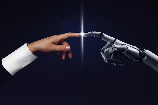 White cyborg robotic hand pointing his finger to human hand with stretched finger on blue night sky with stars - cyber la creation .