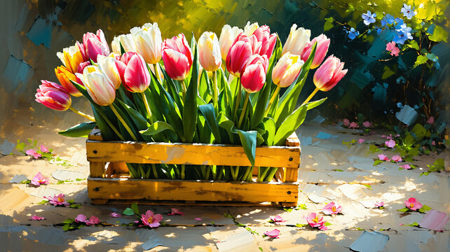 Tulpenstrau&szlig; in gelber Holzkiste Malerei Stil