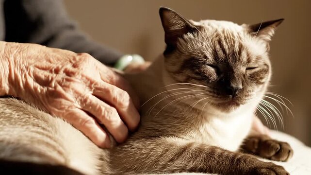Cat Being Patched By Gentle Hand in Warm Indoor Setting