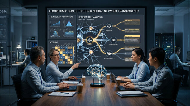 Four professional computer scientists in a futuristic AI ethics lab analyzing algorithmic bias and neural network transparency on a large digital screen