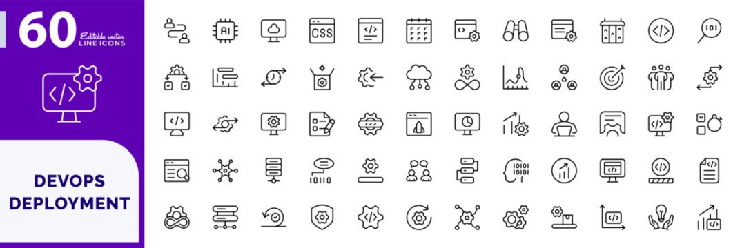 DevOps deployment icon collection. Featuring editable line symbols for automation, cloud infrastructure, and coding icons set. Vector stroke
