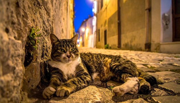 Feline repose tabby cat resting on cobblestones under streetlights in a narrow alley at dusk
