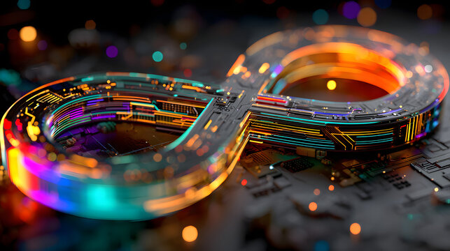 DevOps in a futuristic digital style. The infinity sign as a symbol of the software development life cycle. Isometric vector illustration with light effect and neon.