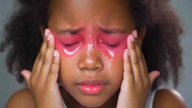 Girl with pink eye patches touches temples