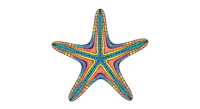 Vibrant and colorful starfish, showcasing its intricate patterns and five arms, depicted in a dazzling illustration on a white background.