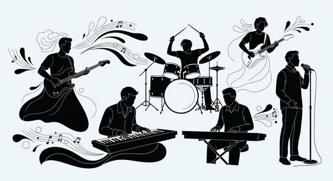 Band Silhouettes Playing Musical Instruments Together.