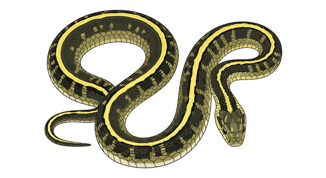 Coiled garter snake with distinctive yellow and black stripes, depicted in a detailed, realistic illustration on a white background.