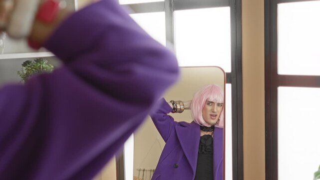Man adjusts pink wig and black choker in studio mirror, hand at cheek and neck while wearing purple coat and bracelets; confidence self expression.
