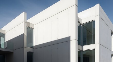 Fototapeta premium Modern white building with minimalist architectural design under clear blue sky