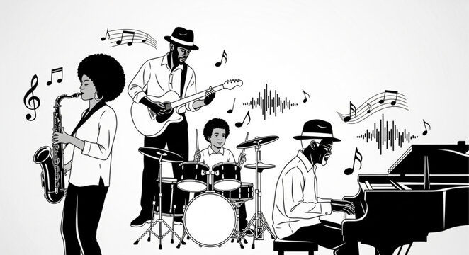 Jazz Band Performing Live Music with Instruments and Musical Notes.