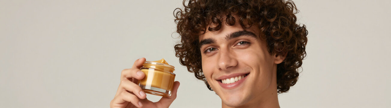 handsome hispanic young man unruly curly brown hair warm smile grasping transparent jar rich